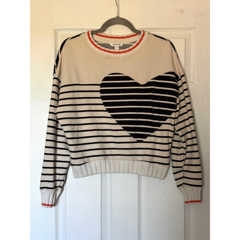 Maeve Anthropologie Heart Striped Sweatshirt Cream Black Orange Small